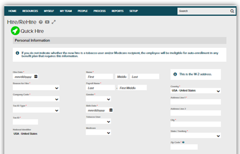New Quick Hire screen